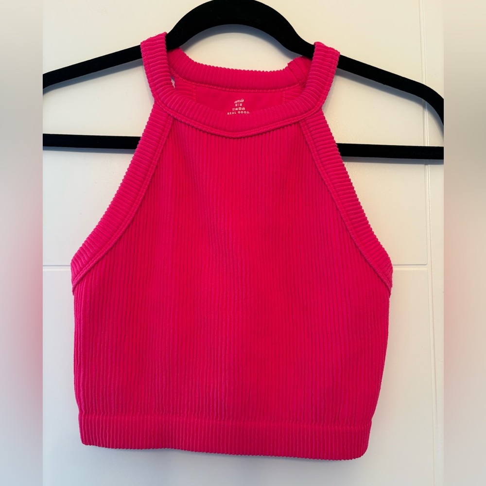 Aerie- Hot Pink cropped Ribbed Halter Top